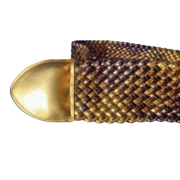 Wide Woven Faux Leather Gold Bronze Metallic Belt Vintage Boho Western Shiny - Picture 3 of 5